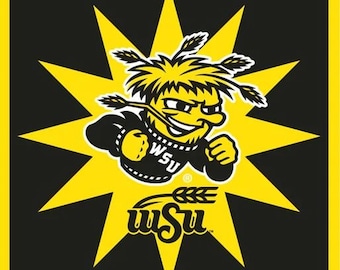 May include: A black and yellow mascot with a wheat stalk on its head, wearing a black sweater with the letters WSU on it. The mascot is in a fighting pose with its fists clenched. The background is a yellow starburst.