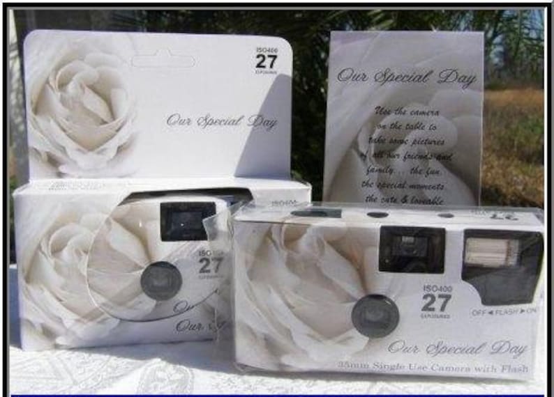 5 Soft White Rose Themed disposable cameras for wedding or party, 35mm color film, 27exp 400 speed, Favors for Candid Photos
