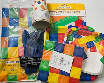Building Block Party Supplies Package for Boys Birthday, Serves 8 and has everything you need