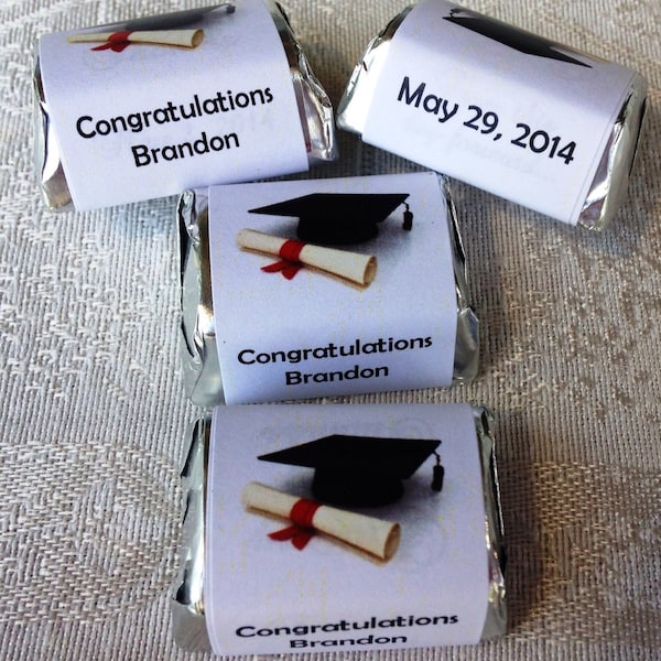 120 GRADUATION THEMED personalized candy wrappers, adhesive stickers, labels for your Hershey nuggets. Make great party favors!