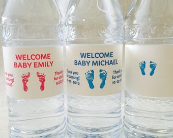 20 Personalized Pink or Blue Footprint Theme Waterproof Water Bottle Labels/Stickers for Girl or Boy Baby Shower - Makes Great Party Favors!