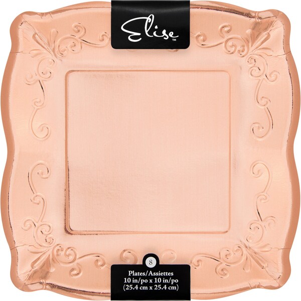 8 Pcs-Rosegold Embossed Square Banquet Premium Heavyweight Paper Plates