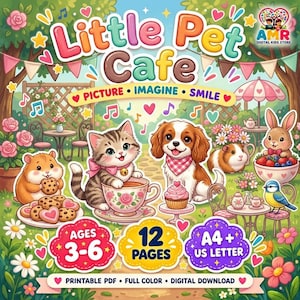 Little Pet Cafe Printable Picture Art PDF for Kids, Six Color Scenes, Bookmarks, Cards and Drawing Frames, Ages 3-6