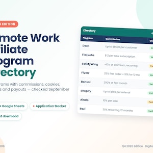 以下が含まれることがあります： Remote Work Affiliate Program Directory Q4 2026 Editionというタイトルのデジタルドキュメント。49のプログラム、コミッションの詳細、検証ステータスが記載された表と、Excel、Googleスプレッドシート、アプリケーショントラッカーに関するテキストが含まれています。