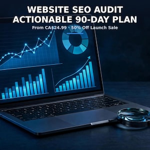 May include: A laptop screen displays blue data charts, graphs, and a pie chart. The text reads WEBSITE SEO AUDIT ACTIONABLE 90-DAY PLAN. A magnifying glass rests on the laptop surface. The overall colour scheme is dark blue and black.