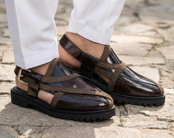 Handmade Brown Leather Peshawari Chappal Sandals: Traditional Men's Footwear