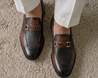 Handcrafted Brown Slip On Loafers Men Genuine Leather Luxury Dress Shoes
