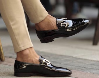 Handmade Black Patent Leather Loafers for Men – Luxury Slip-On Shoes with Gold Horsebit Buckle