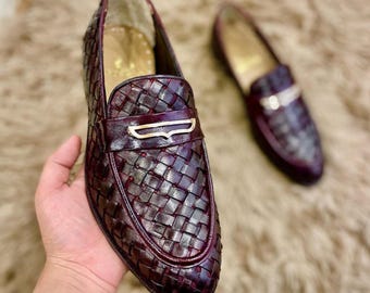 Handmade Burgundy Woven Leather Loafers | Men's Italian Style Dress Shoes | Luxury Slip-On Formal Shoes
