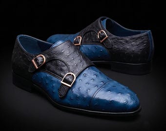 Zapatos Monk Strap de piel de avestruz azul hechos a mano, calzado formal para hombre bicolor.