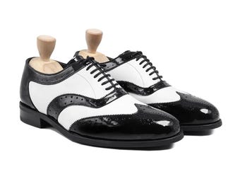 Sapatos Oxford de couro artesanais com bico wingtip || Sapatos sociais Oxford preto e branco para homens