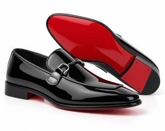 Handmade Black Patent Leather Horsebit Loafers With Red Sole: Men’s Luxury Dress Shoes