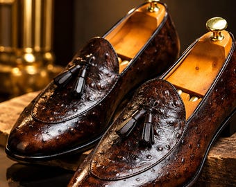 Handmade Brown Ostrich Tassel Leather Loafers: Men's Slip-On Dress Shoes