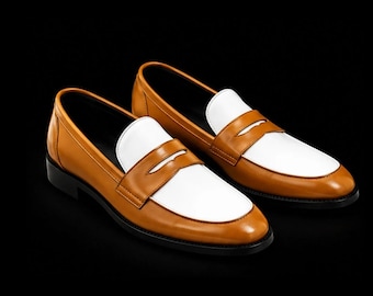 Handmade Two-Tone Penny Loafers Oxford Shoes: Men's Tan & White Leather Moccasin