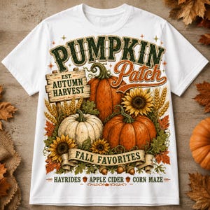 May include: A white t-shirt featuring a graphic print with the text PUMPKIN Patch, EST. AUTUMN HARVEST, FALL FAVORITES, HAYRIDES, APPLE CIDER, and CORN MAZE. The design includes orange and white pumpkins, sunflowers, wheat stalks, and autumn leaves.