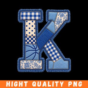 May include: A capital letter K featuring a patchwork design in various shades of blue. The letter is composed of sections with gingham, polka dot, floral, and basketball patterns, all outlined with a textured blue fringe border on a black background.