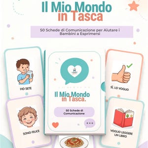 Può includere: Un set di 50 schede di comunicazione intitolato Il Mio Mondo in Tasca, composto da una scatola centrale e schede singole con illustrazioni e testo in italiano come Ho Sete, Sono Felice, Sì, Lo Voglio, Voglio Leggere Un Libro e Voglio Il Pranzo.