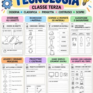 Puede incluir: Un cuaderno de ejercicios de tecnología para tercer grado con ocho fichas de trabajo, ilustraciones en blanco y negro, texto en italiano y encabezados coloridos. Las páginas incluyen ejercicios sobre observación de objetos, clasificación de materiales y herramientas digitales.