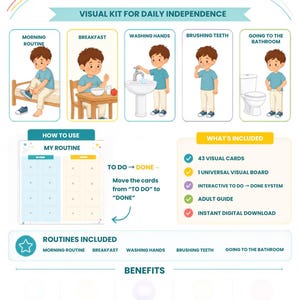May include: A visual routine kit for daily independence featuring a chart with illustrations of a child performing tasks like morning routine, breakfast, washing hands, brushing teeth, and bathroom use. Includes a to-do to-done system and 43 cards.