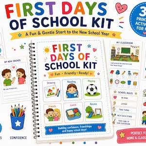 Può includere: Un kit per i primi giorni di scuola che include un libro di attività a spirale con illustrazioni colorate, con sezioni per disegnare, leggere, giocare, amici, pranzo e ricreazione. Il kit contiene 30 attività stampabili, liste di controllo, routine mattutine e tabelle delle emozioni con vari personaggi.