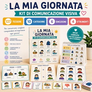 Könnte beinhalten: Ein visuelles Kommunikationsset mit dem Titel LA MIA GIORNATA, bestehend aus 137 Karten, 10 Kategorien, 6 Emotionen und 4 Werkzeugen. Das Set enthält eine Box, eine Tagesplan-Tafel und verschiedene Karten mit Illustrationen zu Aktivitäten.