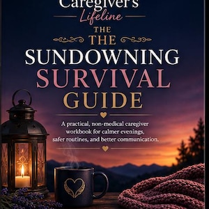 May include: A book cover titled Caregiver's Lifeline The Sundowning Survival Guide. The text includes A practical, non-medical caregiver workbook for calmer evenings, safer routines, and better communication. Features a lantern, mug, and knit fabric.