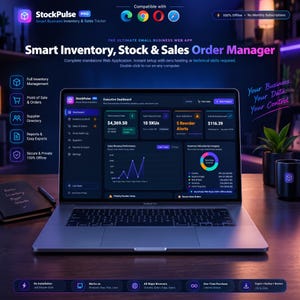 Peut inclure: Un ordinateur portable affichant l'interface de l'application web StockPulse Pro, présentant un tableau de bord exécutif avec des données sur les stocks, les ventes et les revenus. L'écran montre des graphiques et des outils de gestion en mode sombre.