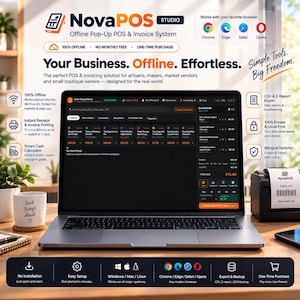 May include: A NovaPOS Studio laptop screen displaying an offline point-of-sale and invoice system interface with a dark theme. The screen shows product categories, a current order list, and a total due amount. A thermal receipt printer sits nearby.