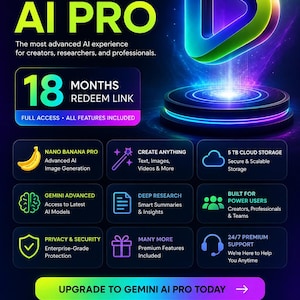Könnte beinhalten: Eine digitale Werbegrafik für Gemini AI Pro mit einem leuchtenden blau-grünen Dreieckssymbol über einer runden Plattform. Der Text enthält 18 Months Redeem Link, Nano Banana Pro, 5 TB Cloud Storage und Upgrade to Gemini AI Pro Today.