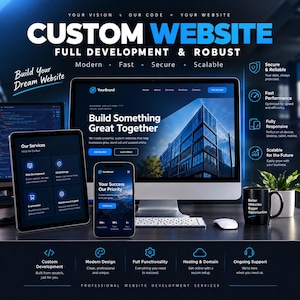 Peut inclure: Un affichage numérique présentant des services de développement de sites web avec le texte CUSTOM WEBSITE, Build Your Dream Website et Build Something Great Together. L'ensemble comprend un écran, une tablette, un smartphone et un mug noir.