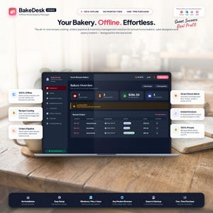 Peut inclure: Un écran d'ordinateur portable affichant l'interface du logiciel BakeDesk, avec un tableau de bord de gestion de boulangerie sombre comprenant des sections pour les commandes, les recettes et les stocks. Le texte Your Bakery. Offline. Effortless. est visible.