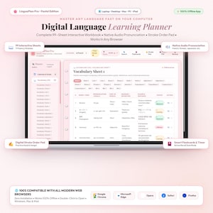 Peut inclure: Un planificateur d'apprentissage des langues numérique affiché sur un écran d'ordinateur portable, avec une interface rose pastel, 99 feuilles interactives, des listes de vocabulaire, une prononciation audio native et un pavé d'ordre des traits.