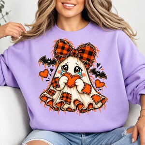 Crying Halloween Ghost PNG, Patchwork Dress and Plaid Bow Design