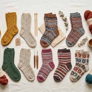 Op de afbeelding: Een collectie van negen paar gebreide sokken in diverse kleuren en patronen, waaronder mosterdgeel, crème, groen en meerkleurige ontwerpen. De set bevat strengen wol met het label Handmade Wool, houten breinaalden en haaknaalden.