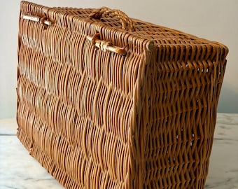 Vintage Wicker Valise Style Picnic Basket, Cottagecore Storage Basket