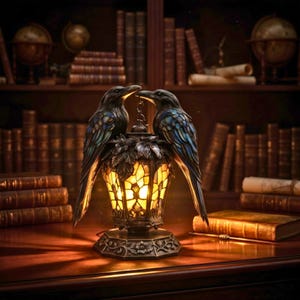 Lámpara de mesa gótica con dos cuervos en vidrieras, luz nocturna de estilo Dark Academia (7,87 pulgadas)