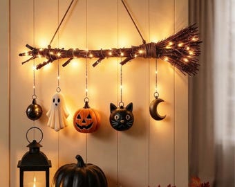 Beleuchteter Halloween-Hexenbesen als Wandbehang, rustikale Herbstdeko, LED-Geisterkürbis-Dekoration, gemütliches Halloween-Geschenk im Landhausstil