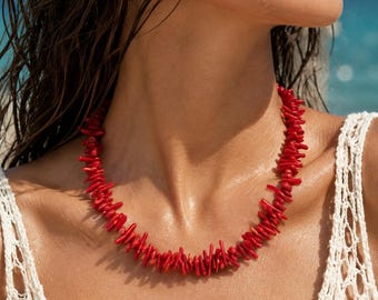 Collar de coral rojo natural del Mediterráneo, hecho a mano en Francia – Joyería de piedra natural, acero inoxidable chapado en oro o plata.