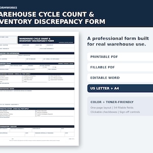 Può includere: Un modulo bianco per il conteggio del ciclo di magazzino e la discrepanza dell'inventario con intestazioni e testo blu scuro. Il documento include sezioni per informazioni sugli articoli, conteggio, motivi di discrepanza, note, azioni e firma.
