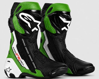 Botas de moto de carreras verdes y negras / Botas deportivas para motociclistas / Equipamiento para motociclistas