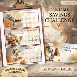 Puede incluir: Un conjunto de desafíos de ahorro imprimibles en un portapapeles con tres insertos rectangulares con animales de dibujos animados y temas de panadería. El texto incluye Hats Off to Savings, Donut Worry, Save Happy, Fetch the Dough y Whiskers & Whisks Bakery.