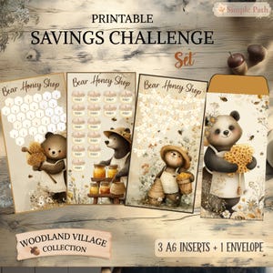 Könnte beinhalten: Ein druckbares Spar-Challenge-Set mit dem Titel Bear Honey Shop, bestehend aus drei A6-Einlagen und einem Umschlag. Die Designs zeigen Illustrationen von Bären, Waben und Bienen mit nummerierten Feldern zur Nachverfolgung.