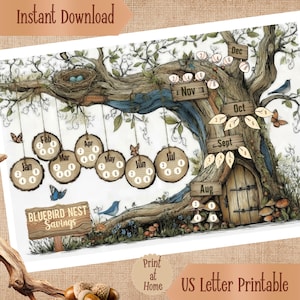 May include: A digital illustration of a tree with hanging wooden discs labeled with months from January to July, and wooden signs for August to December. The image features a bird nest, blue birds, butterflies, and the text Bluebird Nest Savings.