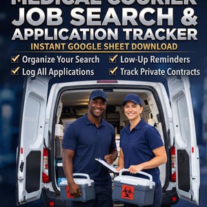 Op de afbeelding: Een digitale medische koerier jobzoek- en sollicitatietracker als Google Sheet download. De afbeelding toont twee personen in marineblauwe poloshirts en petten die medische koelboxen vasthouden voor een bestelwagen, met tekst over functies.