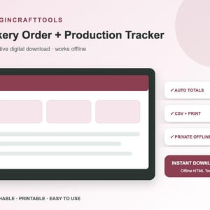 Puede incluir: Una herramienta digital Bakery Order + Production Tracker de MARGINCRAFTTOOLS. La interfaz presenta un marco oscuro, un encabezado granate y tres cajas de color rosa claro. Incluye botones para Auto Totals, CSV + Print, Private Offline e Instant Download.