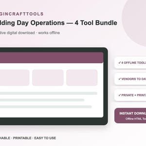 Op de afbeelding: Een digitaal productoverzicht getiteld MARGINCRAFTTOOLS Wedding Day Operations 4 Tool Bundle. Het bevat een tablet-afbeelding, drie witte knoppen met de labels 4 OFFLINE TOOLS, VENDORS TO DAY-OF en PRIVATE + PRINTABLE, plus een INSTANT DOWNLOAD-knop.