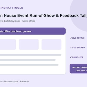 Può includere: Uno strumento digitale intitolato MarginCraftTools Open House Event Run-of-Show & Feedback Tally. L'interfaccia presenta un'anteprima della dashboard privata offline, totali in tempo reale, backup CSV, opzioni di stampa/PDF e un pulsante di download.