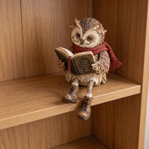 May include: A brown owl figurine wearing round wire-rimmed glasses and a red knit scarf. The owl is holding an open book with the text Good Times Precious Days printed on the pages. The owl wears brown lace-up boots and has a leaf-shaped bookmark.