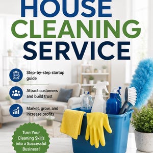 Puede incluir: Una portada de libro titulada How to Start a House Cleaning Service por James P. Clark. La portada muestra un cubo de plástico azul lleno de artículos de limpieza, incluyendo un plumero azul, botellas de spray y guantes de goma amarillos.