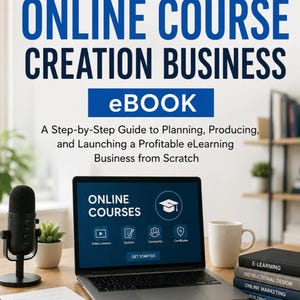 May include: An eBook titled How to Start an Online Course Creation Business by James P. Clark. The cover features a laptop displaying an online course interface, a black microphone, a notebook with a pen, and a stack of books on a wooden desk.